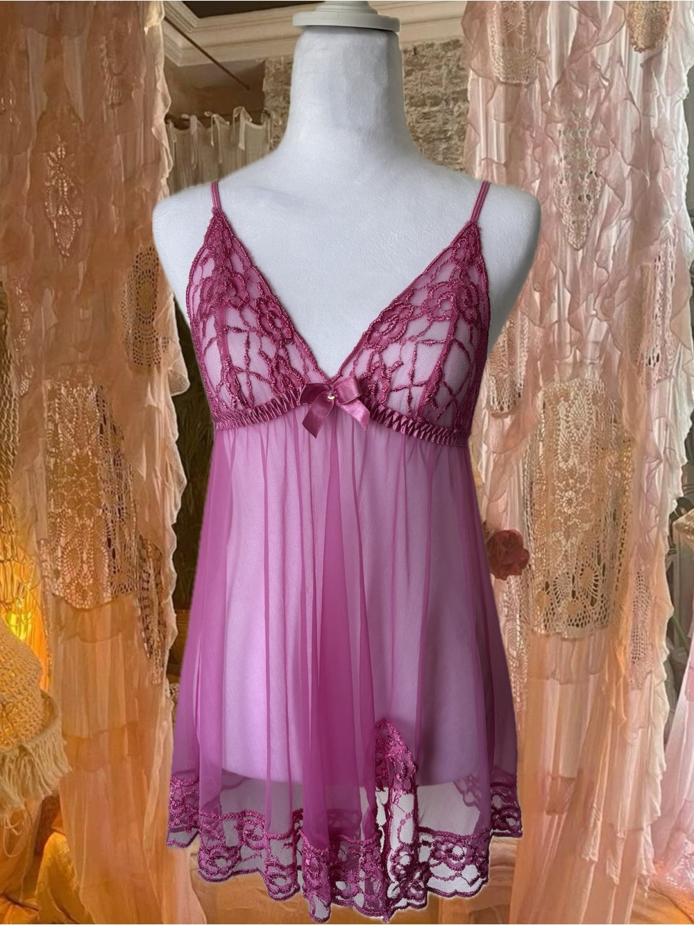 Frederick's of Hollywood Sheer Lace Babydoll Chemise - Magenta Pink